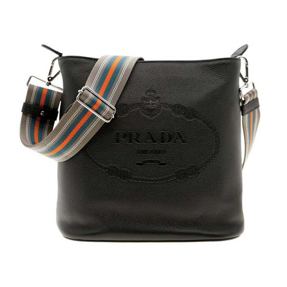 Prada Vitello Phenix Black Leather Web Strap Crossbody Bucket - Picture 1 of 8